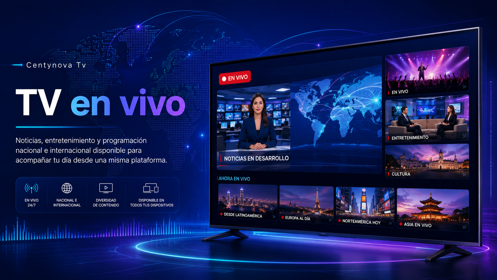 Televisión en vivo y streaming con Centynova TV en una pantalla de TV